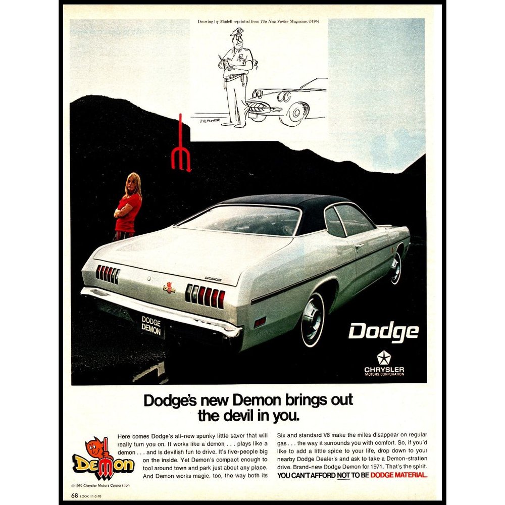 1971 Dodge Demon 2 Door Coupe Vintage Print Ad Black Rock Yard Quarry Wall Art